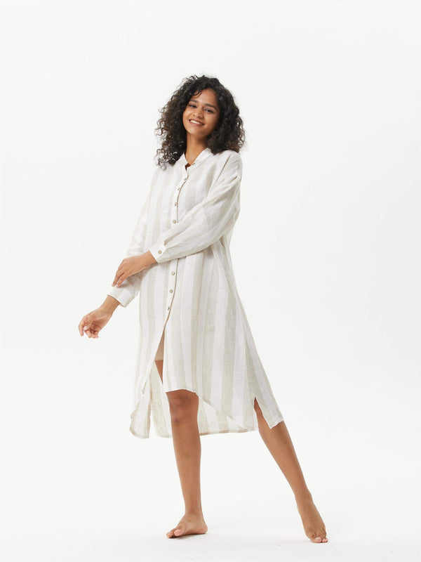 Wide Stripe Knee Side Pocket Long Shirt Dress