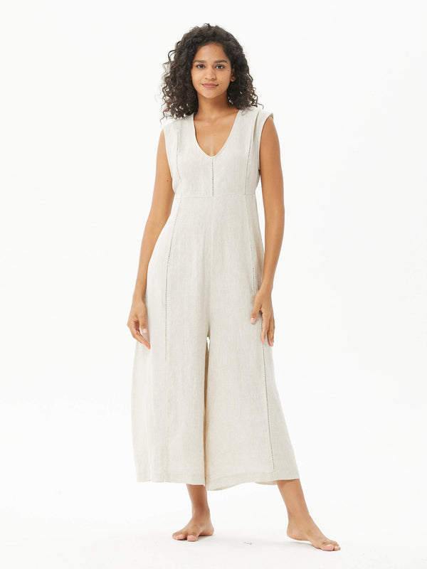 Lace-Paneled Linen Jumpsuit