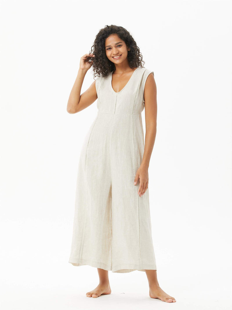 Lace-Paneled Linen Jumpsuit