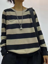 COZINEN Women's Striped Crew Neck Rolled Design Pocket Long Sleeve Knit Top