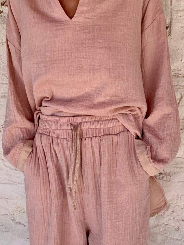 Color Matching V-neck Cotton Casual Loose Suit