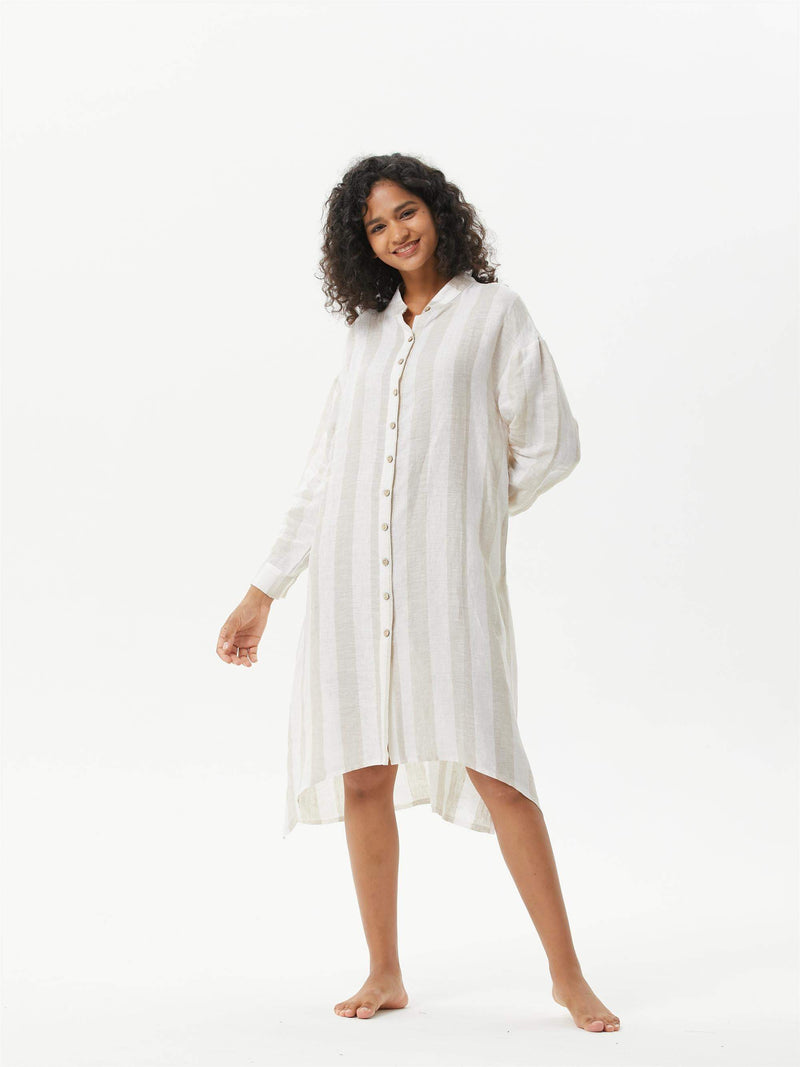 Wide Stripe Knee Side Pocket Long Shirt Dress