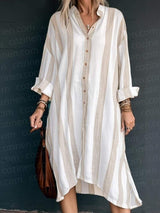 Wide Stripe Knee Side Pocket Long Shirt Dress