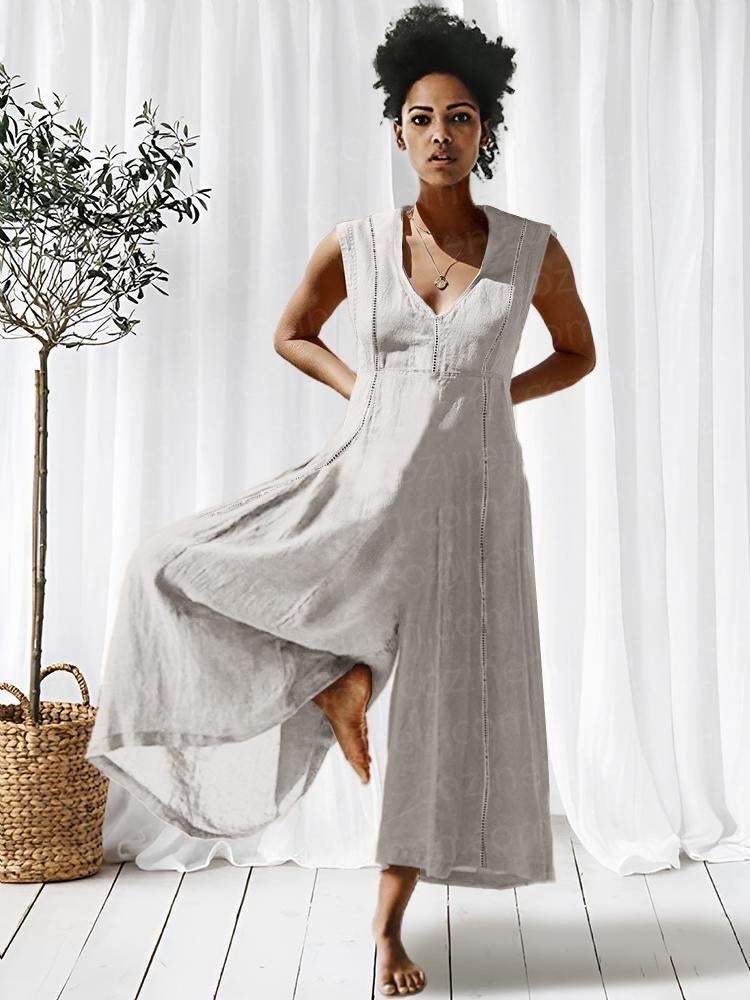 Lace-Paneled Linen Jumpsuit