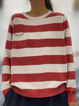 COZINEN Women's Striped Crew Neck Rolled Design Pocket Long Sleeve Knit Top