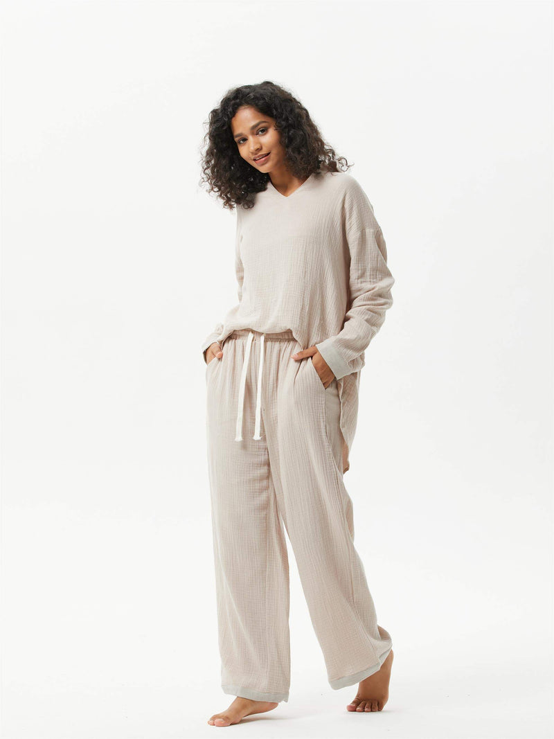 Color Matching V-neck Cotton Casual Loose Suit