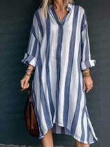 Wide Stripe Knee Side Pocket Long Shirt Dress