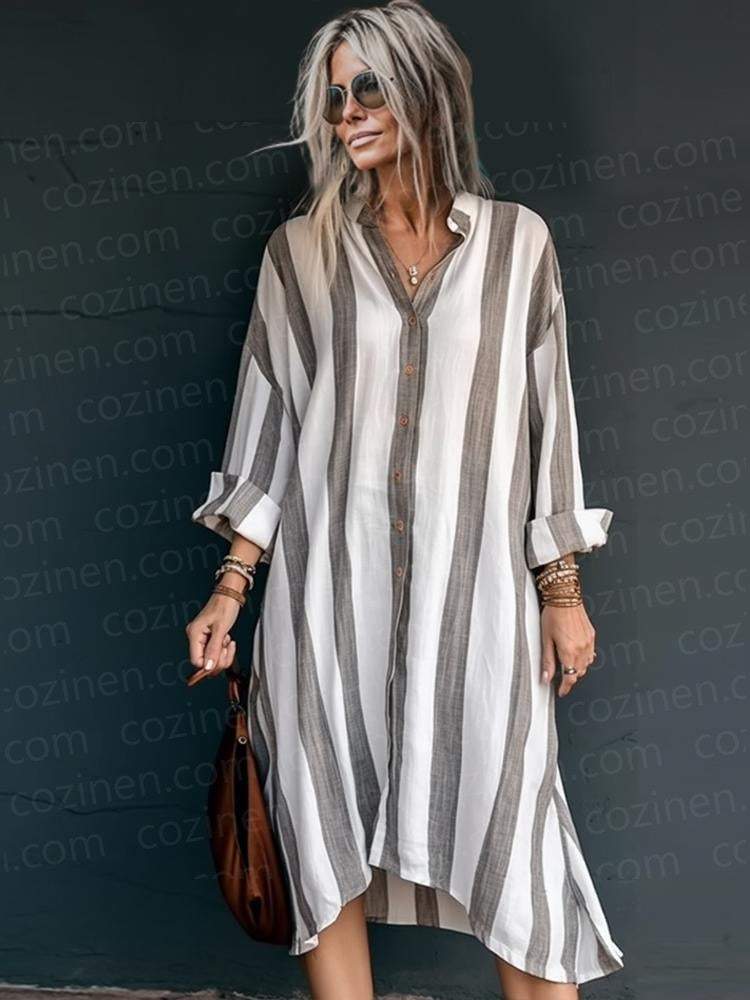 Wide Stripe Knee Side Pocket Long Shirt Dress