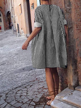 COZINEN Women's Striped Long Sleeve Patchwork Design Dress