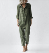 Casual Lapel Pocket Long Sleeve Solid Color Cotton Jumpsuit