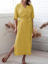 【Plus Size】Pure Color Belted Slit Half Sleeve Dress