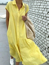 Short-sleeved Cardigan Cotton and Linen Solid Color Maxi Dress