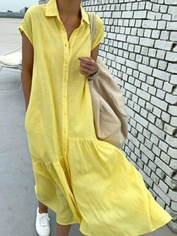 Short-sleeved Cardigan Cotton and Linen Solid Color Maxi Dress