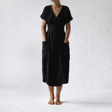 Women's Fashion V Neck Belt High Waist Short Sleeves Linen Dress