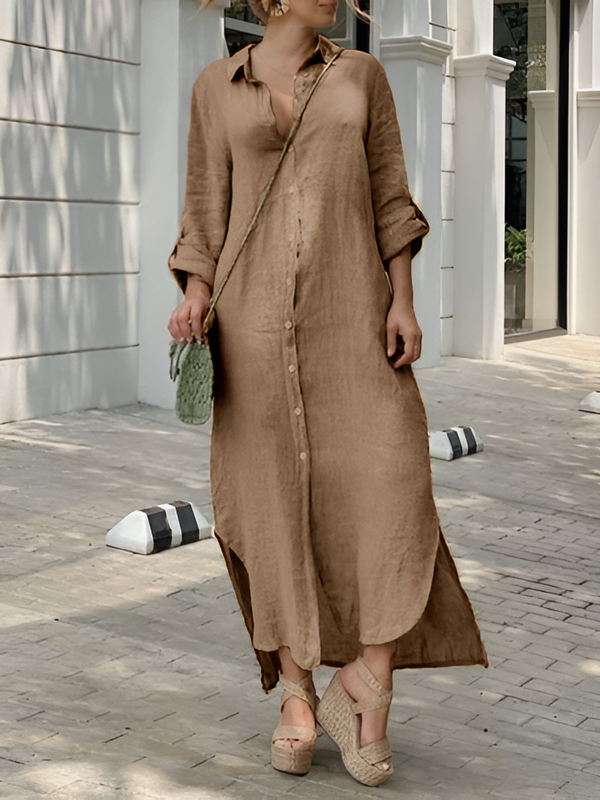 Cardigan Cotton and Linen Solid Color Maxi Dress