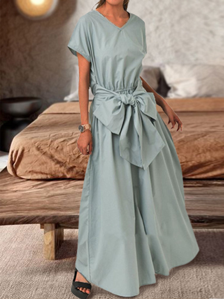 Short-sleeved Maxi with Tie-back Bow Dress