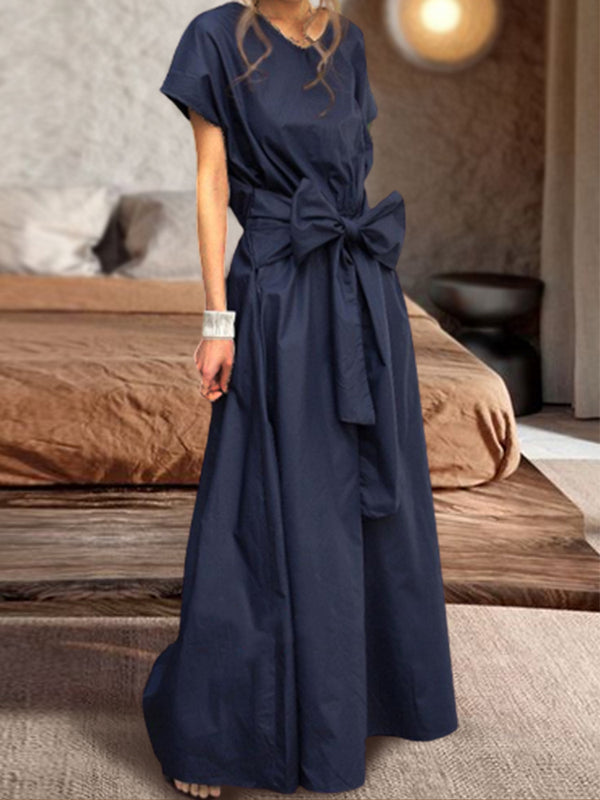 Short-sleeved Maxi with Tie-back Bow Dress