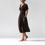 Women's Fashion V Neck Belt High Waist Short Sleeves Linen Dress