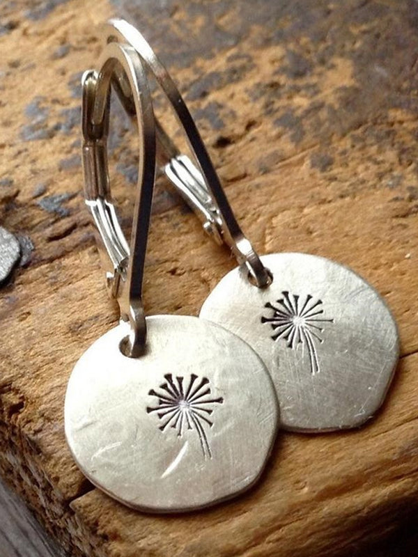 Round Distressed Vintage Dandelion Silver Earrings