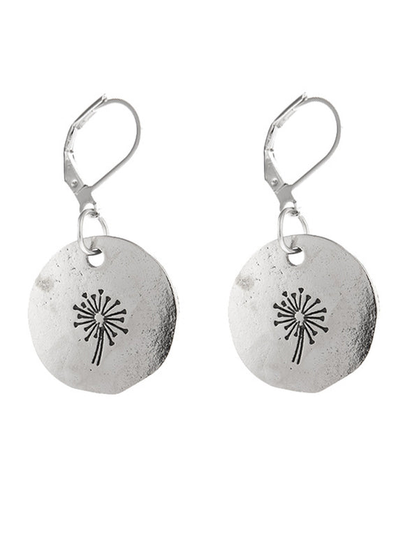 Round Distressed Vintage Dandelion Silver Earrings