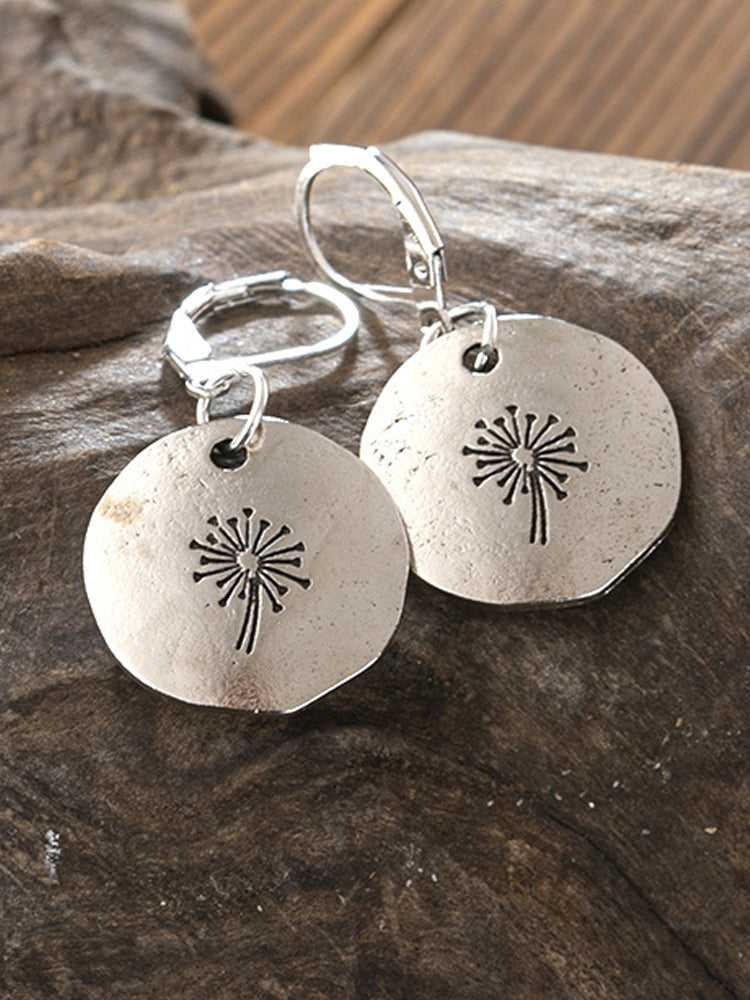 Round Distressed Vintage Dandelion Silver Earrings