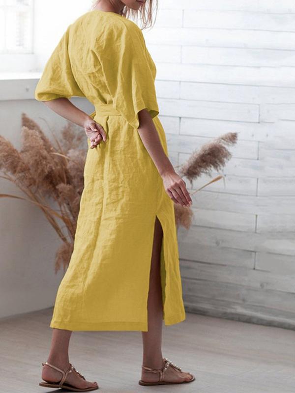 【Plus Size】Pure Color Belted Slit Half Sleeve Dress