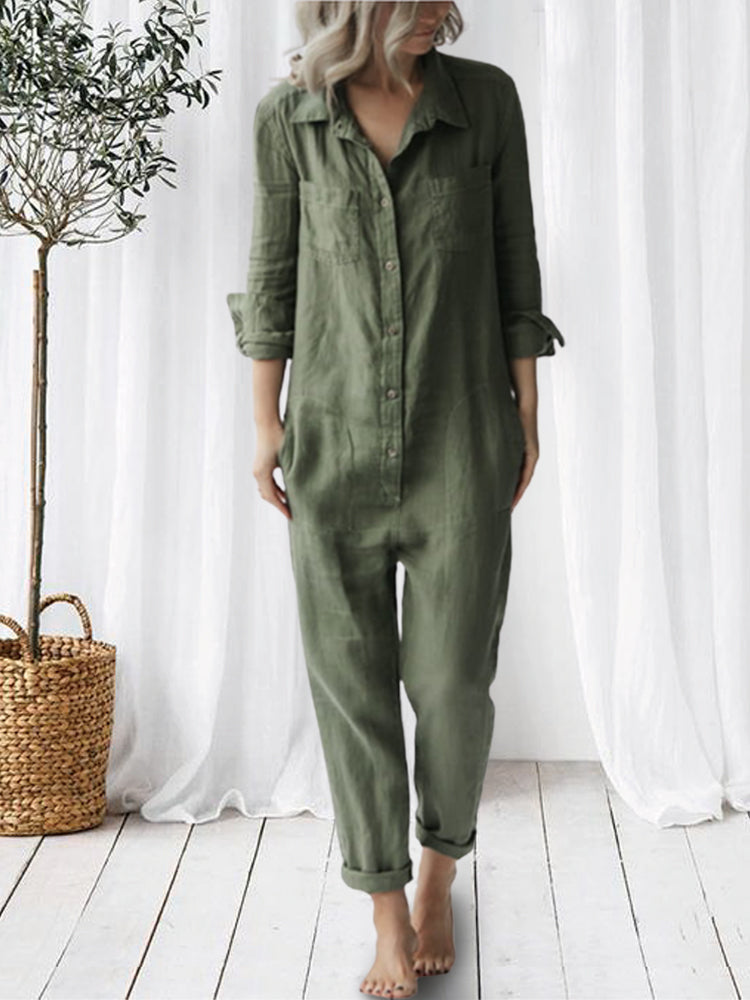 Casual Lapel Pocket Long Sleeve Solid Color Cotton Jumpsuit