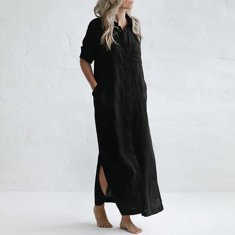 【Plus Size】Casual lapel pocket solid color split shirt dress