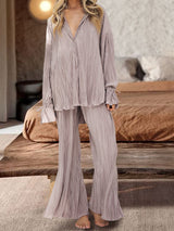 Set Pleated Shirts Long Sleeves Lapel Cardigan Slit Trousers Pajamas Two Piece Set