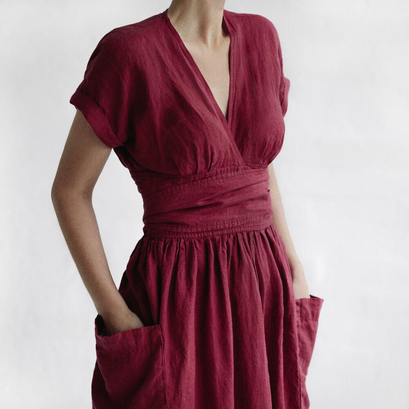 Women's Fashion V Neck Belt High Waist Short Sleeves Linen Dress