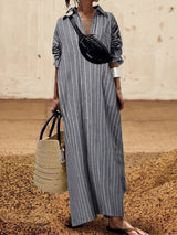 Lapel Striped Loose Waist Long Skirt Cardigan Dress