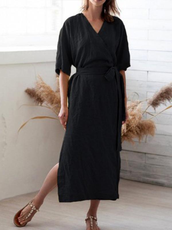 【Plus Size】Pure Color Belted Slit Half Sleeve Dress