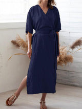 【Plus Size】Pure Color Belted Slit Half Sleeve Dress