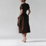 Women's Fashion V Neck Belt High Waist Short Sleeves Linen Dress