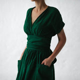 Women's Fashion V Neck Belt High Waist Short Sleeves Linen Dress