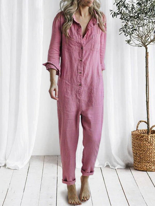 Casual Lapel Pocket Long Sleeve Solid Color Jumpsuit