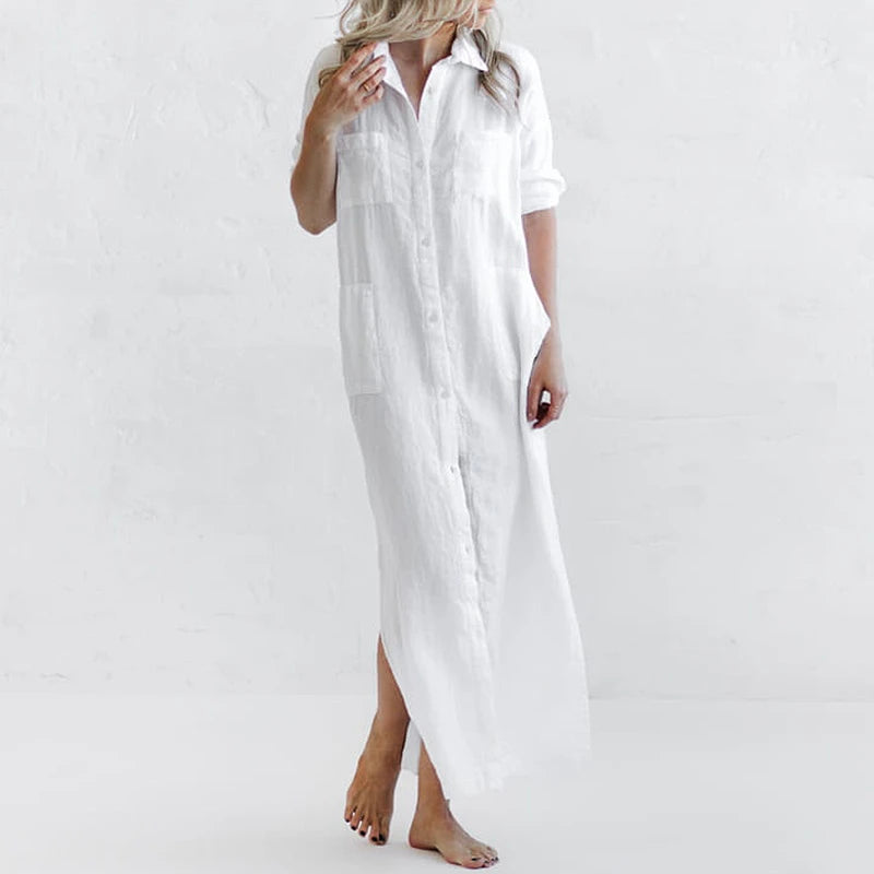 【Plus Size】Casual lapel pocket solid color split shirt dress