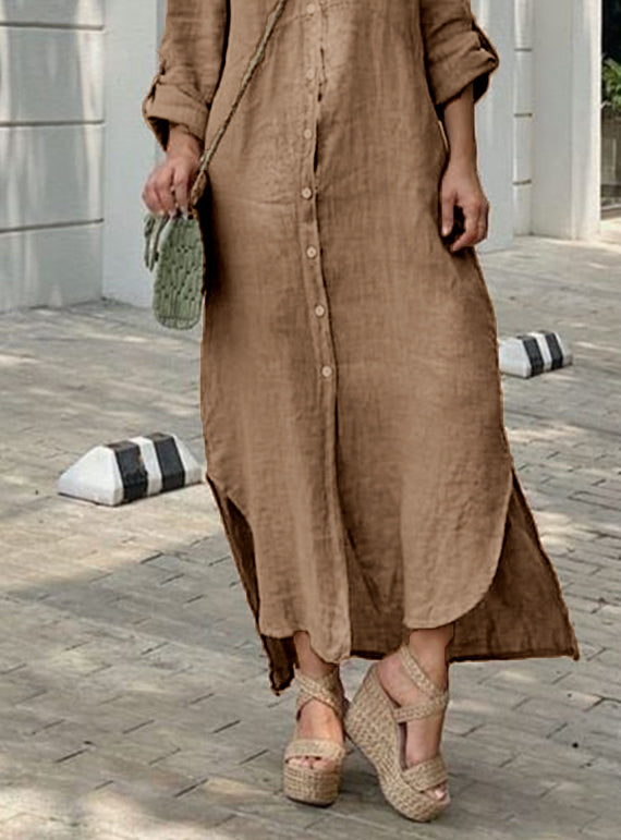 Cardigan Cotton and Linen Solid Color Maxi Dress