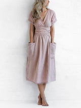 Women's Fashion V Neck Belt High Waist Short Sleeves Linen Dress