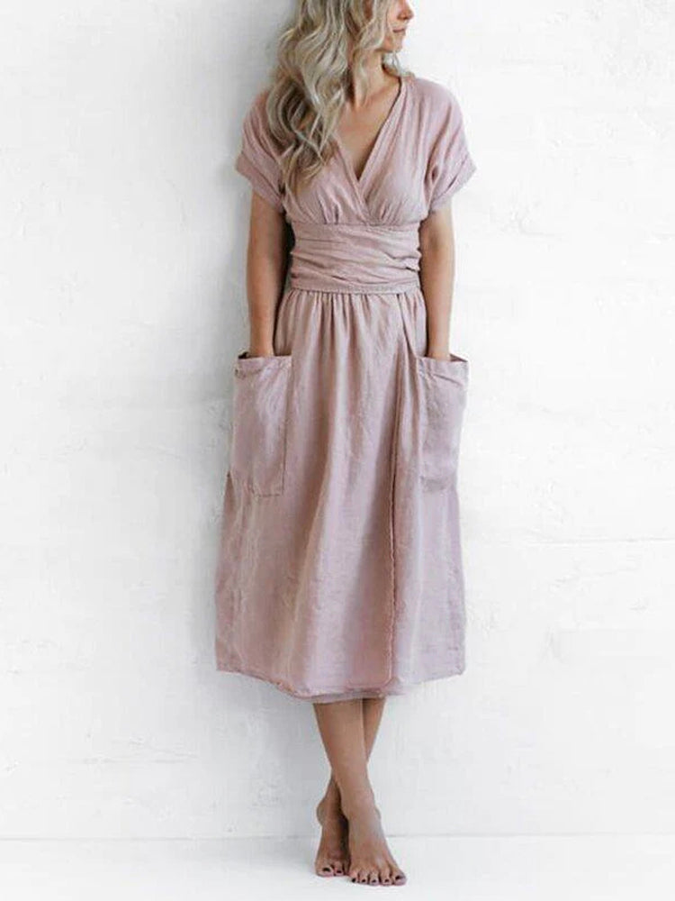 Women's Fashion V Neck Belt High Waist Short Sleeves Linen Dress