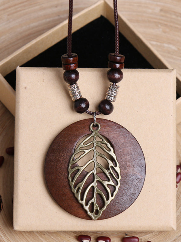 Ethnic Wood Alloy Leaf Pendant Necklace