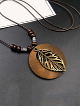 Ethnic Wood Alloy Leaf Pendant Necklace