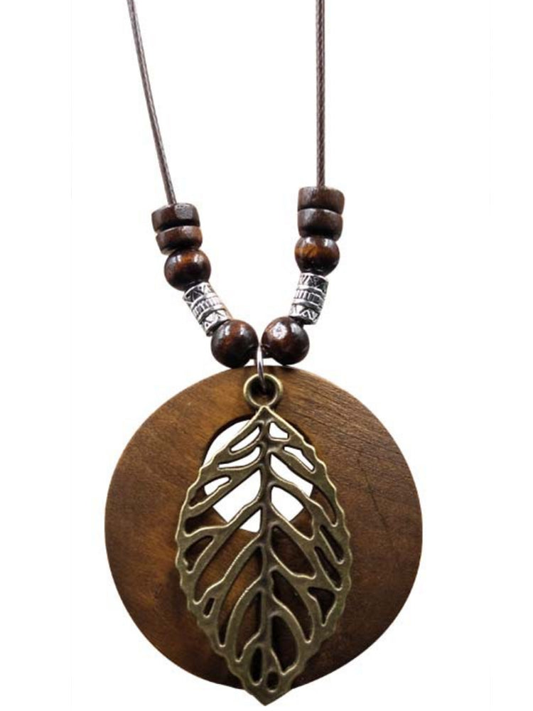 Ethnic Wood Alloy Leaf Pendant Necklace