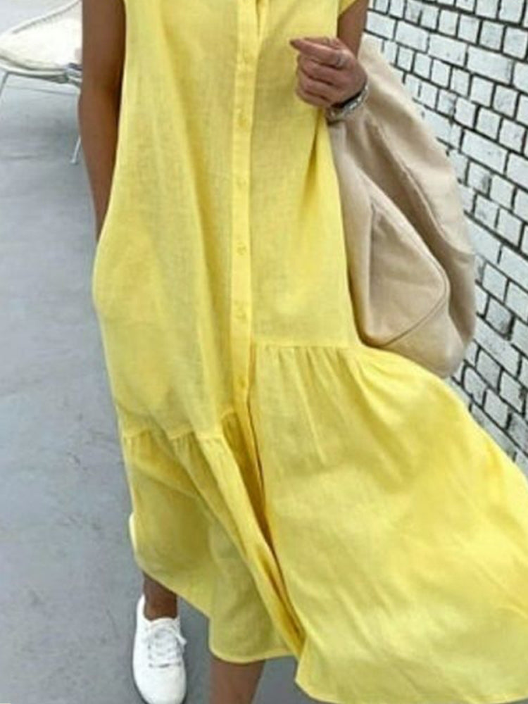 Short-sleeved Cardigan Cotton and Linen Solid Color Maxi Dress