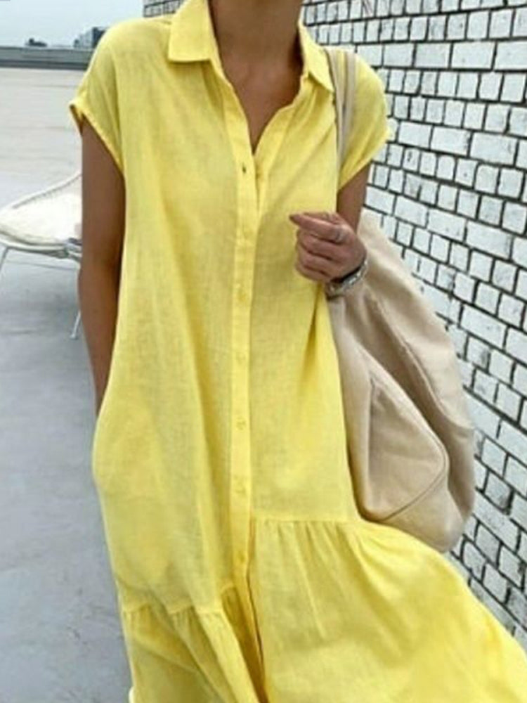 Short-sleeved Cardigan Cotton and Linen Solid Color Maxi Dress